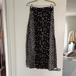Black Floral Midi Skirt with Red & White floral Accents
